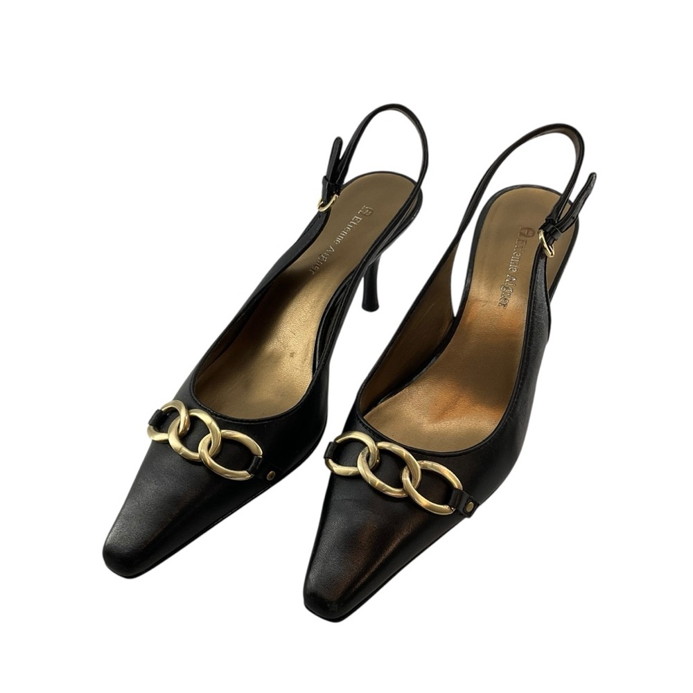 ETIENNE AIGER sz 7 Leather Heels Slingback Pointy Toe Gold Chain Detail Black